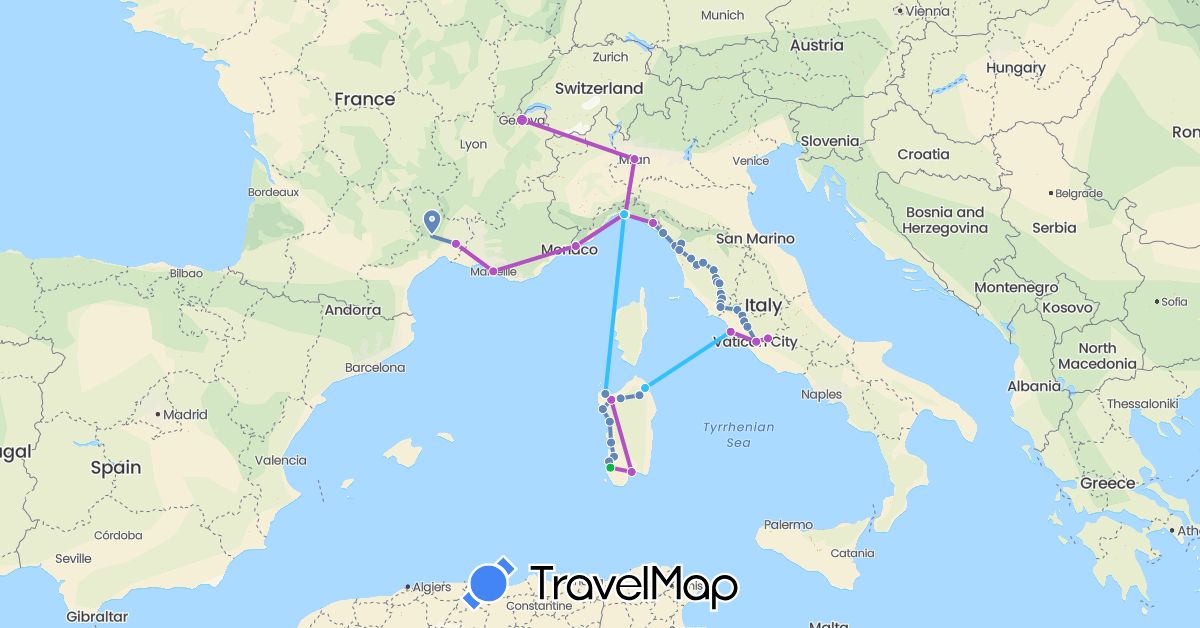 TravelMap itinerary: driving, bus, cycling, train, boat in Switzerland, France, Italy (Europe)
